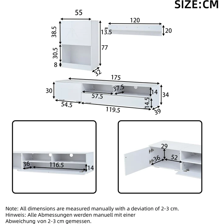 Wohnzimmermöbel 3 Set mit LED-Beleuchtung, TV Lowboard mit 2 offenen Fächern & 2 Türen,Wandschrank & Wandregal – Bild 9