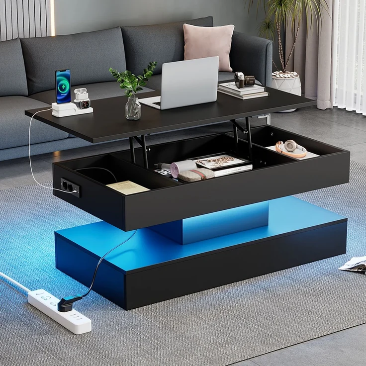 Höhenverstellbarer Couchtisch mit LED-App-Steuerung, verstecktem Stauraum und EU-Steckdosen, 100×50×42 cm, modern schwarz – Bild 5