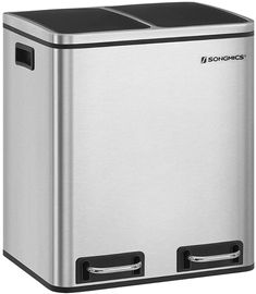 Songmics Mülleimer mit Deckel mit langsamem Verschluss, Inneneimern & Griffen, Silber, 2 Fächer, 2x15 Liter