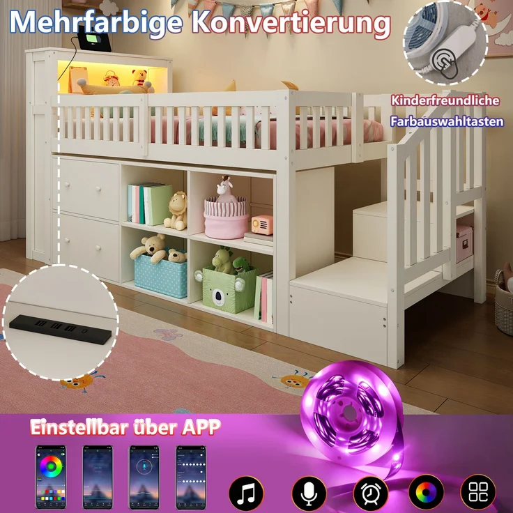 Halbhohes Bett, 90 x 200 cm, mit Schubladen, Staufächern, Leiterschrank, LED-Beleuchtung, Matratze nicht inbegriffen, Weiß – Bild 7