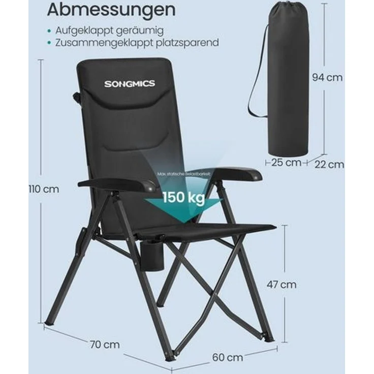SONGMICS Campingstuhl faltbar, 2er Set, 95°-150° verstellbare Rückenlehne, Klappstuhl, drehbarer Getränkehalter, Tragetasche, Schultergurt, für Garten, Camping, Angeln, schwarz – Bild 5