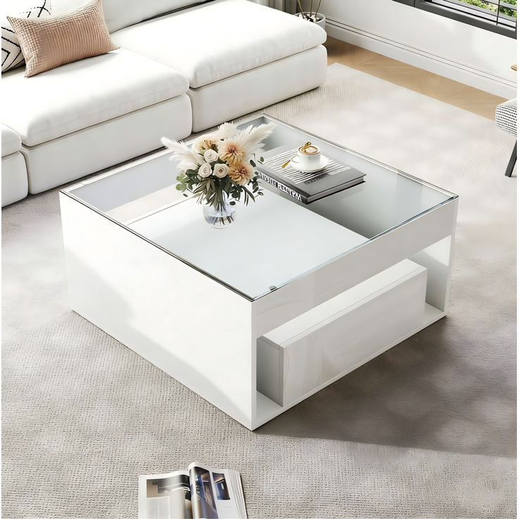 Couchtisch 70x70x35 cm in Weiß mit LED, Schubladen und Glasplatte – Bild 4