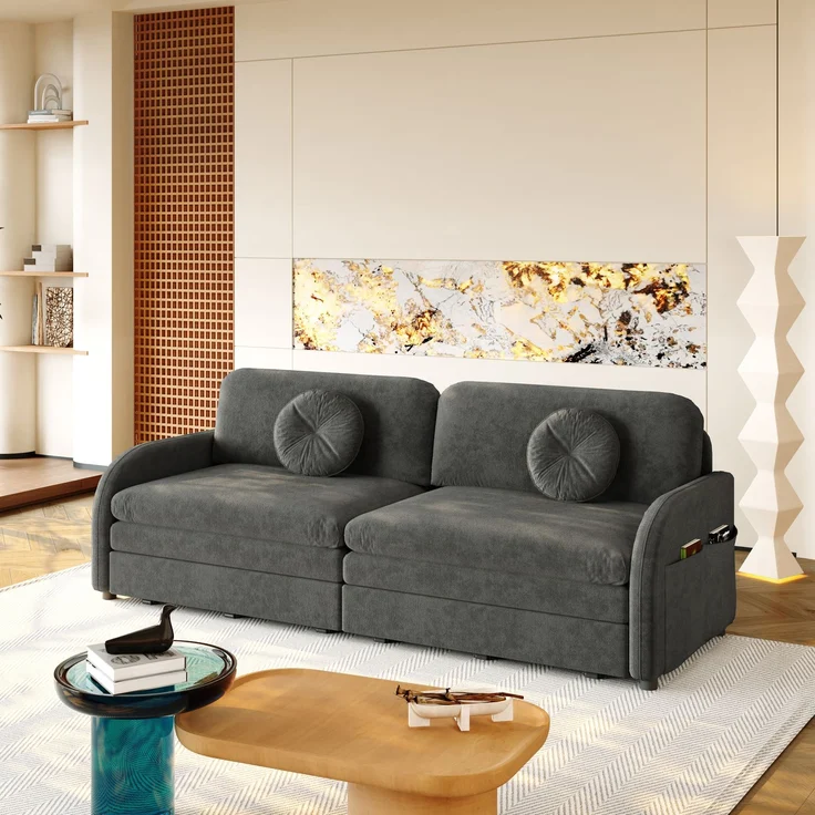ZUBALIYA 206 cm King-Size ausziehbares 3-Sitzer-Sofa, 3-in-1 Schlafsofa, mit losen Kissen und Stautaschen an beiden Seiten, Chenille-Sofa mit Schlaffunktion, Grau, H 89 × T 205 × B 84 cm – Bild 5