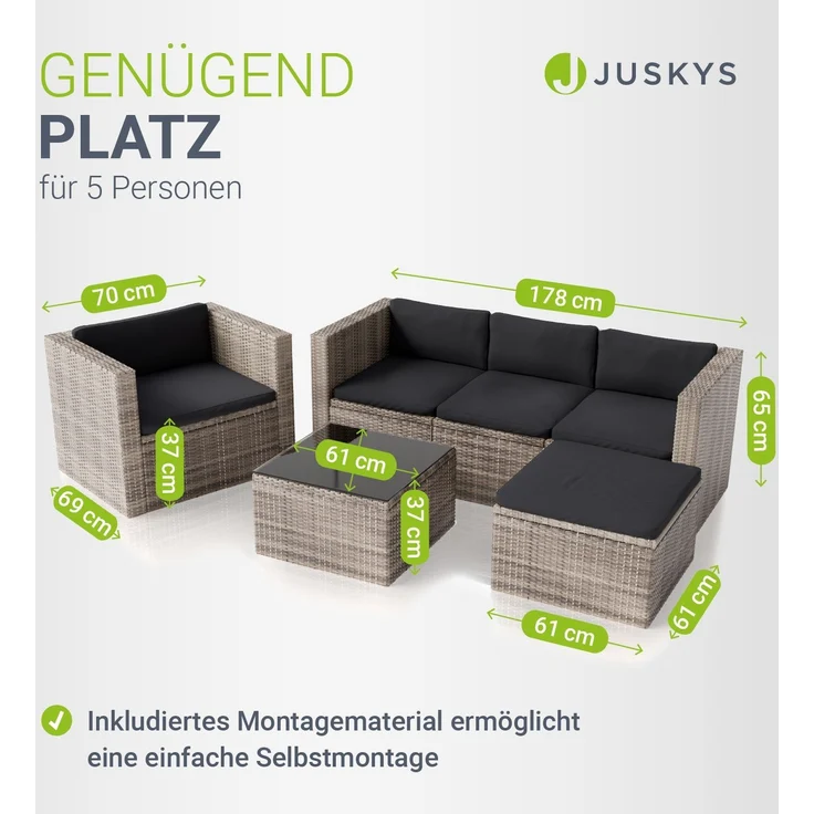 Juskys Polyrattan Lounge Punta Cana L grau-meliert inkl. Abdeckung – Gartenlounge für 4-5 Personen – Sitzgruppe mit Sessel, Sofa, Tisch & Hocker - Sitzbezüge Grau – Bild 4