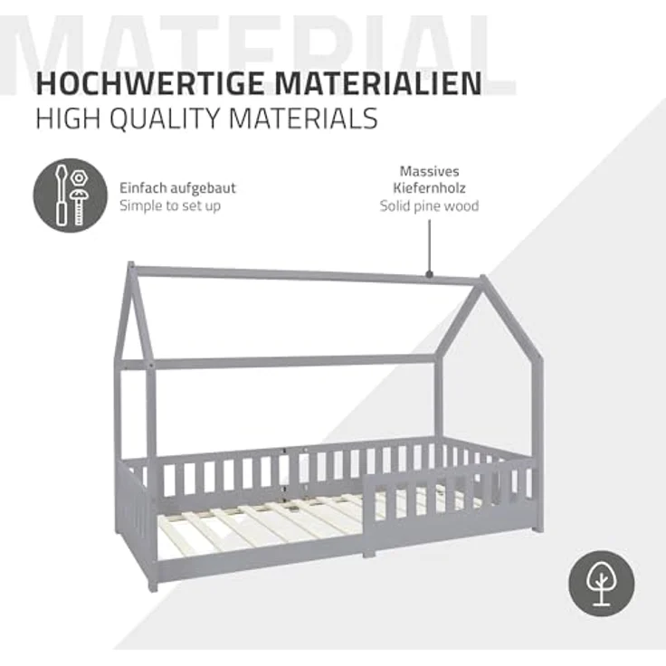 ML-DESIGN Kinderbett Hausbett Spielbett inkl. Lattenrost kreativ Bodenbett für Kinder, Abenteuerbett mit Rausfallschutz Spielbett Kiefer Hellgrau Himmelbett – Bild 9