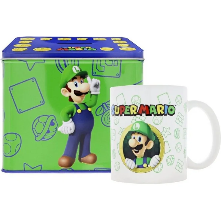 Nintendo Luigi Von Super Mario Tasse Cup Becher mit Spardose Münzbox 9 x 13 x 11cm