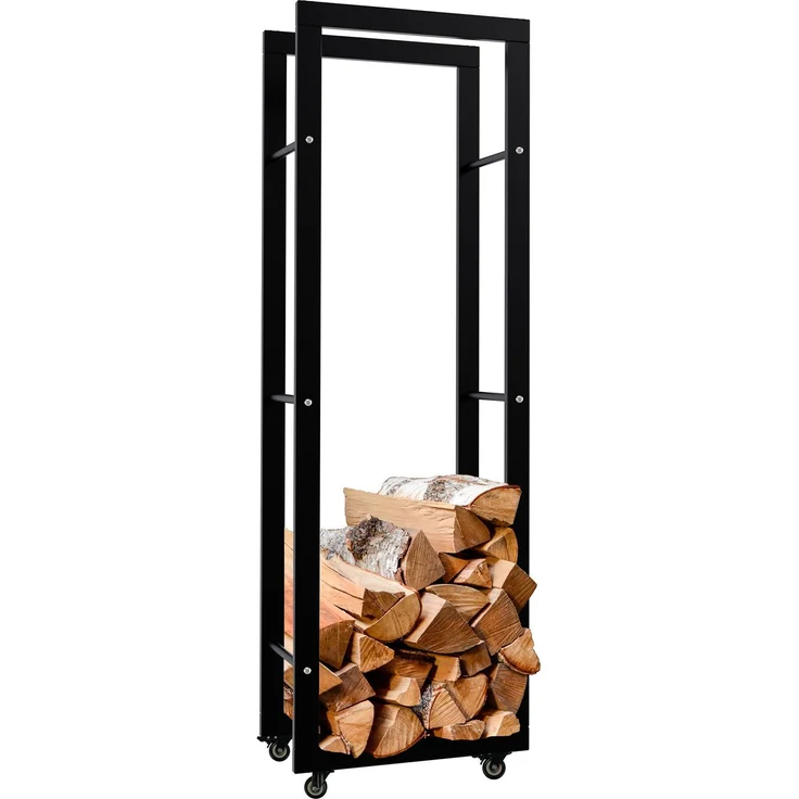 DELUKE® Kaminholzregal innen Metall SATLO - mit Rollen Brennholzregal innen Kaminholzständer Kaminholzhalter Feuerholzregal Innen Schwarz, 25x40x125cm – Bild 1