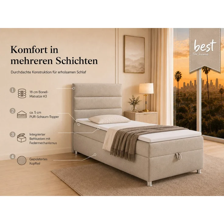 Best for Home Boxspringbett K-4 mit Stauraum, Topper & Bonellfederkern (Komplettset, 1-St, Boxspringbett inklusive Matratze und Topper), ca. 5 cm PUR-Schaum-Topper – Bild 3