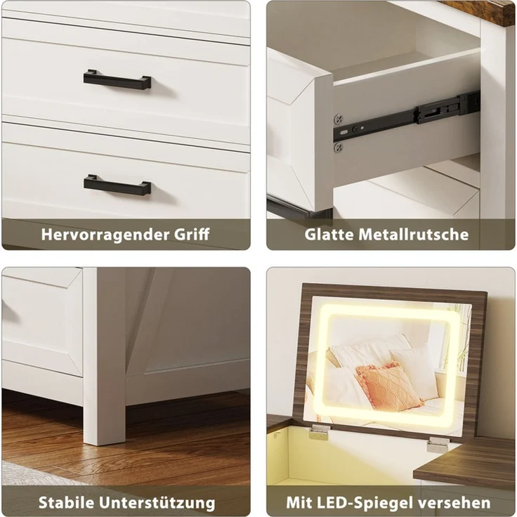 Schubkastenkommode 8 Schubladen mit LED-Spiegel, Ladestation und umkehrbarem Spiegel, Weiß & Braun – Bild 7