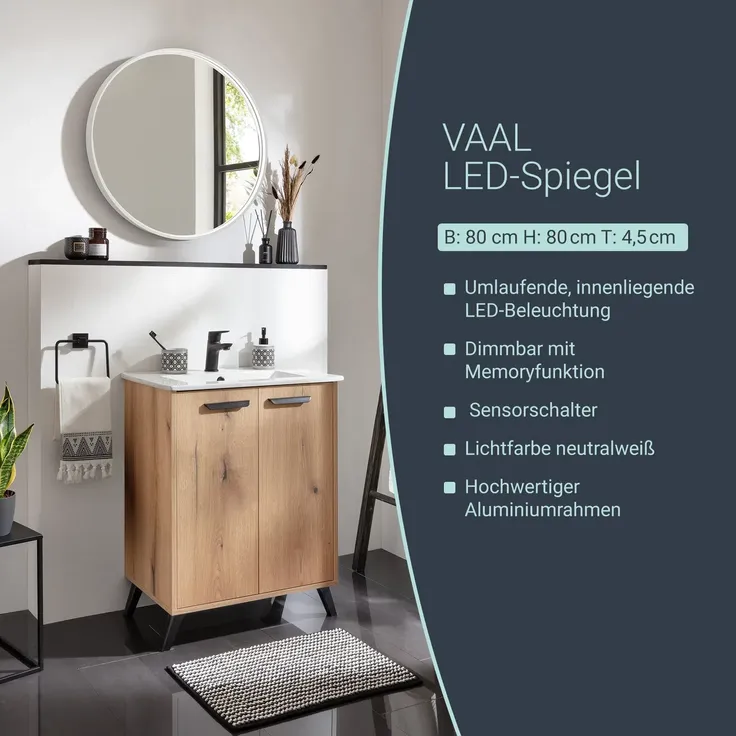 BADEDU VAAL LED Spiegel Ø 80 cm, rund, Weiß, Sensor – Bild 2