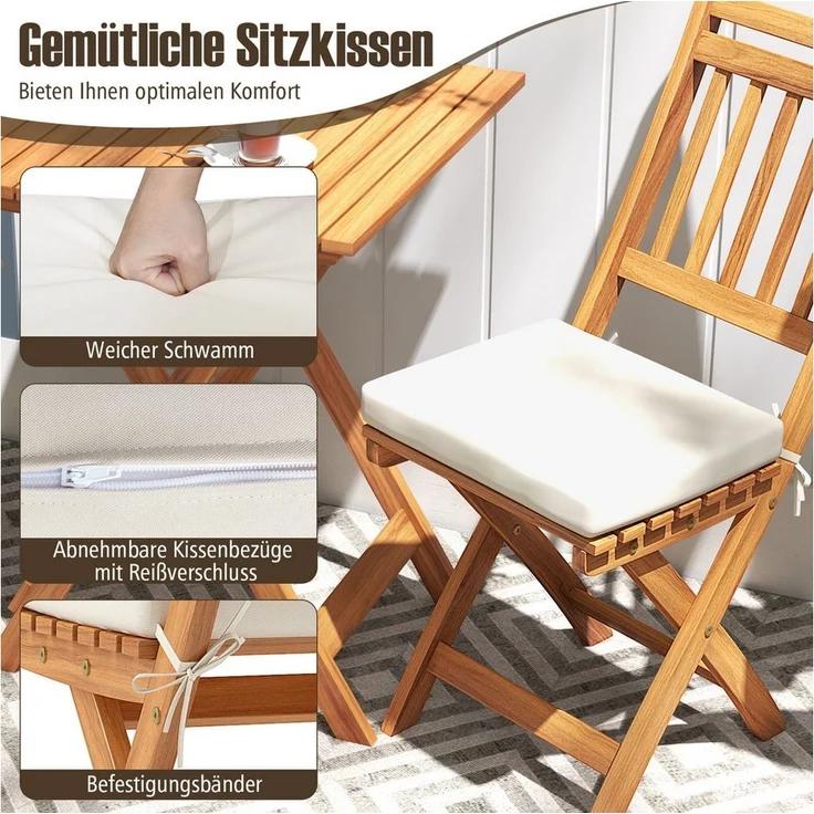 COSTWAY Balkonset, (3-tlg), Bistroset klappbar, mit Sitzkissen, Akazienholz – Bild 2
