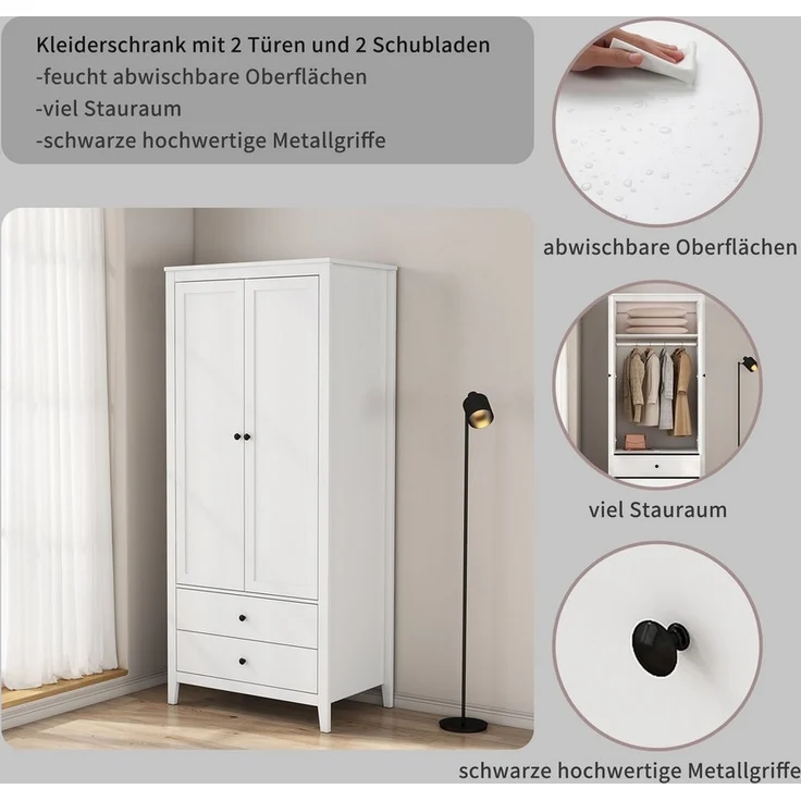 OTTO home Kleiderschrank Borkum Schlafzimmerschrank Garderobe Landhaus Bestseller weiß (hochwertige schwarze Griffe aus Metall) Schlafzimmerschrank mit 2 Türen und 2 Schubladen – Bild 2