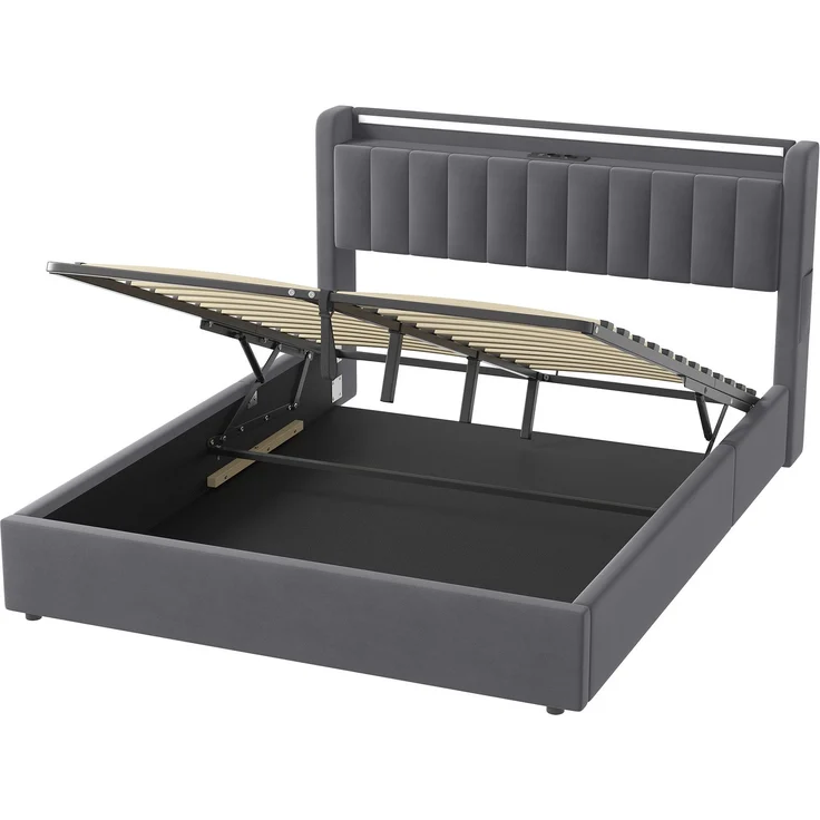 Polsterbett 160 x 200 cm aus Samt mit Stauraum, USB-Anschluss und LED-Beleuchtung, Dunkelgrau – Bild 5