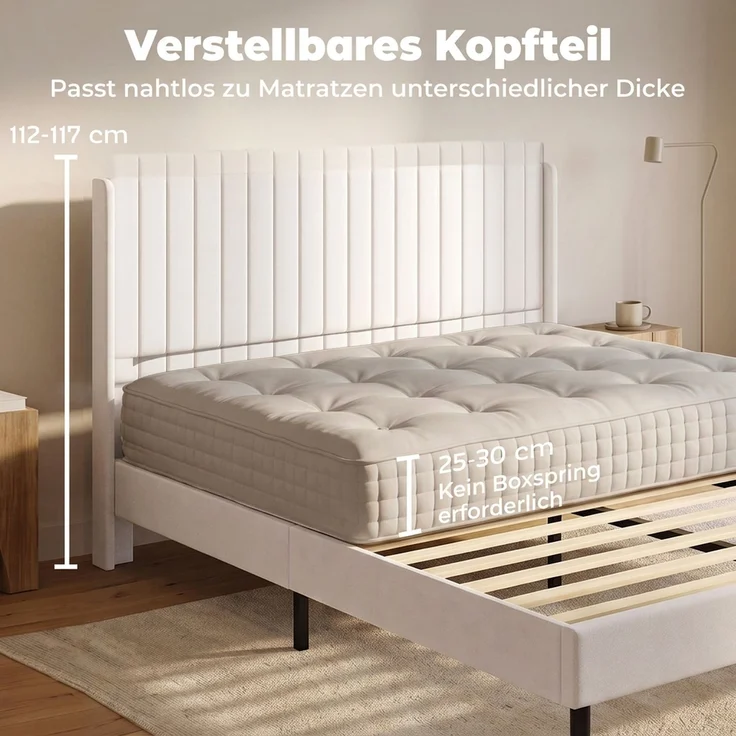 HOMCOM Bettgestell, Holland-Samt, Sperrholz, Beige, 207 x 148 x 112 cm – Bild 4