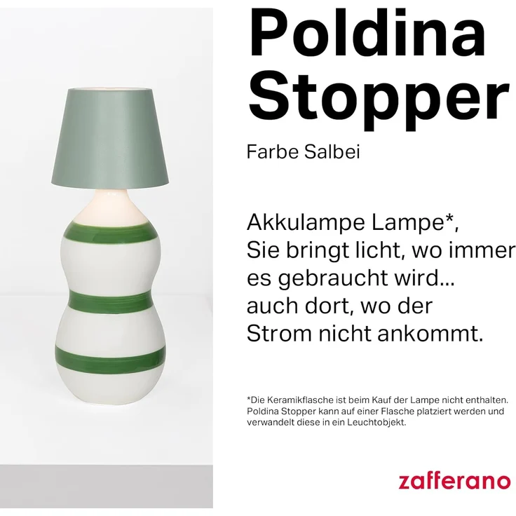 Zafferano, Poldina Stopper Lampe, Kabellose und Wiederaufladbare Flaschenlampe mit Touch Control, Geeignet für den Innen- und Außenbereich, Dimmer, 2200-3000 K, Höhe 11 cm, Farbe Salbei – Bild 2
