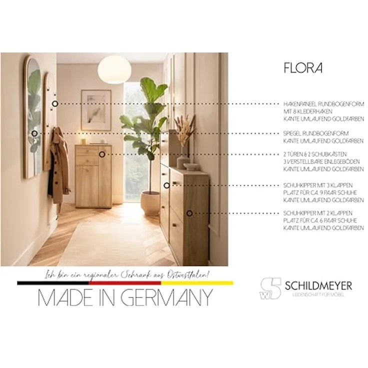 Schildmeyer Schuhschrank Schuhkipper Flora 160786, weiß Eiche Dekor/goldfarben, 59,8 x 19,5 x 122 cm – Bild 6