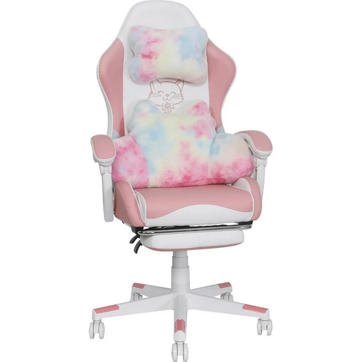 Puluomis Gaming-Stuhl Bürostuhl Ergonomisch mit Katzenpfote Lendenkissen und Katzenohren (Gamer Stuhl, Racing Computerstuhl PC Stuhl mit Fußstütze Kopfstütze), für Mädchen, Teenager, Kinder, Pink – Bild 1