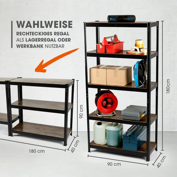 EASYmaxx Schwerlastregal 180 x 90 x 40 cm Holzoptik| 875 kg Traglast, 175 kg pro Ebene | Regal, Werkbank | Kellerregal, Lagerregal mit 5 verstellbaren Ablagen | Für Keller, Garage, Hobbyraum, Werkstatt – Bild 5