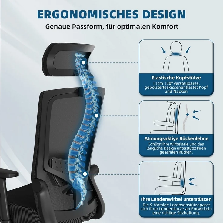 Hiazurm Bürostuhl Bürostuhl ergonomisch, Chefsessel, Atmungsaktiv Mesh Schreibtischstuhl (5D Memory-Schaum Lendenstütze, Wippfunktion bis 135°, Bis 155kg Belastbar, Verstellbarer Lendenwirbelstütze), Höhenverstellbarer Drehstuhl, Schwarz – Bild 2