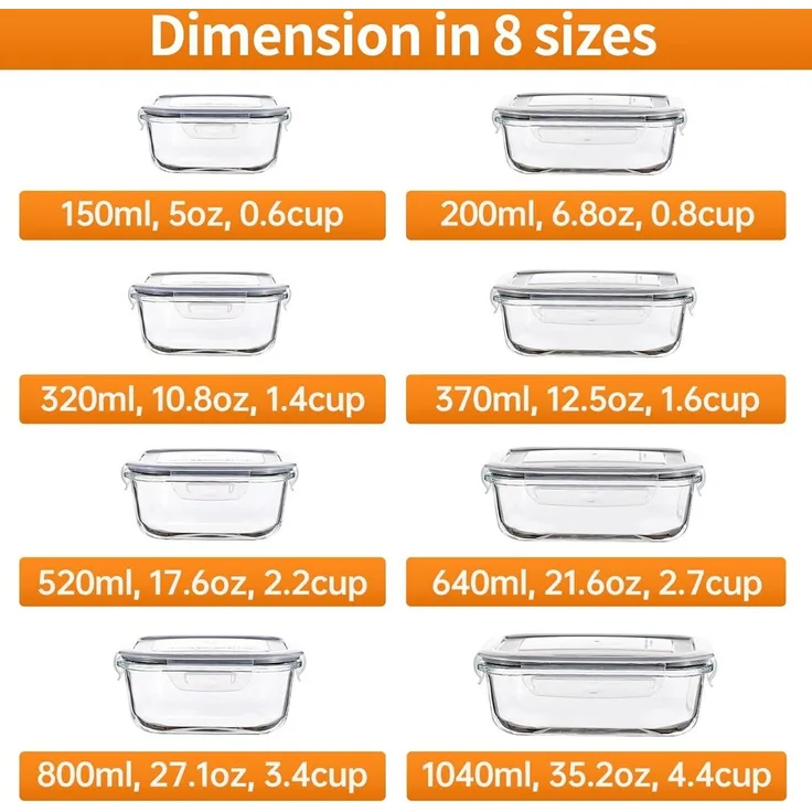 Refined Living Frischhaltedose 8er Glas Frischhaltedosen mit Deckel,Meal Prep Boxen,Lunchbox,BPA-frei, Glas, (Set, 8-tlg, auslaufsicher,stapelbar,Mikrowellengeeignet,Ofen- & Gefrierschrankfest), für Meal Prep,Lunch to go, Resteverwertung, Babynahrung,S...