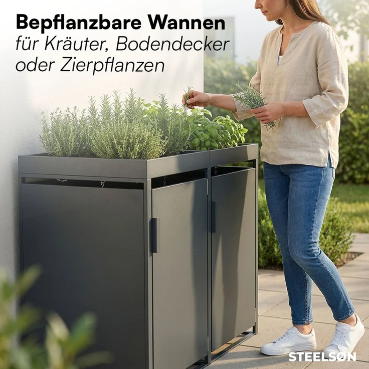 STEELSØN 'Thoria' Mülltonnenbox 2er je 120 Liter, anthrazit, Mülltonnenverkleidung aus Stahl, wetterfest, 111x62x117 cm, Müllbox mit Pflanzendach für 2 Tonnen – Bild 5