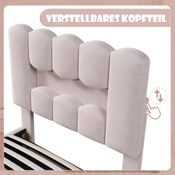 Polsterbett, LED, hydraulische Hebefunktion & verstellbares Kopfteil, Samt, Rosa, 90 × 200 cm – Bild 3