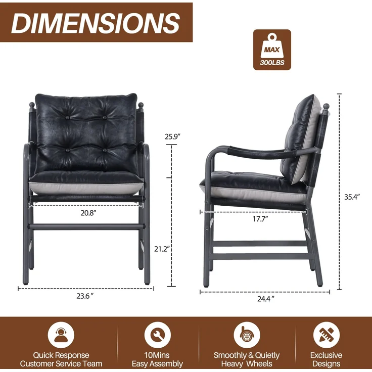 Akzentstuhl 60cm×62cm×90cm aus Leder und Metall – schwarzer Loungesessel im Mid-Century-Design – Bild 5