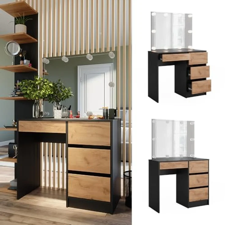 Vicco Schminktisch Sherry, Anthrazit/Goldkraft Eiche, 90 x 75 cm mit Spiegel & LED-Beleuchtung – Bild 2