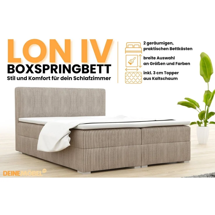 Deine Möbel 24 Boxspringbett LON IV Boxspring Komplettbett Polsterbett Bonellfederkernmatratzen (Cord Beige Creme Grau Dunkelgrau Graphit Schwarz, 3-St, Boxbett Cord Cord-Samt 140x200 160x200 180x200 200x200), inkl. Bettkasten Topper Matratzen H3 H4 – Bild 2