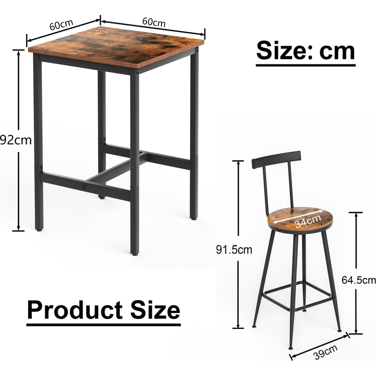 Bartisch-Set 60x60x92 cm mit 2 Hockern, industrial, rustikale Brauntöne, Stahlgestell und pflegeleichte Spanplatte – Bild 5