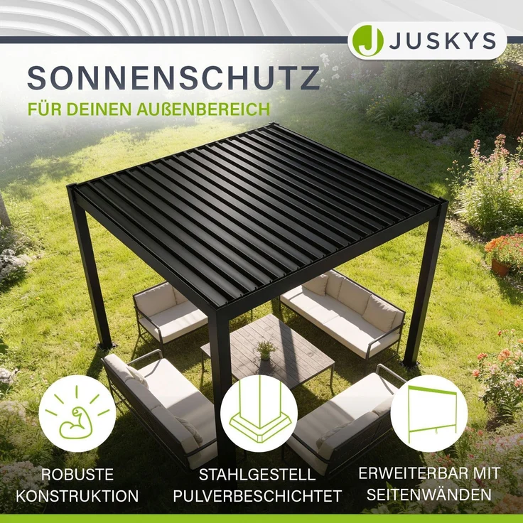 Juskys Lamellendach Tahiti 3x3 m inkl. 2x Seitenwand 3 m in Anthrazit - Terrassenüberdachung stabil & wetterfest - Überdachung für Garten & Terrasse – Bild 2