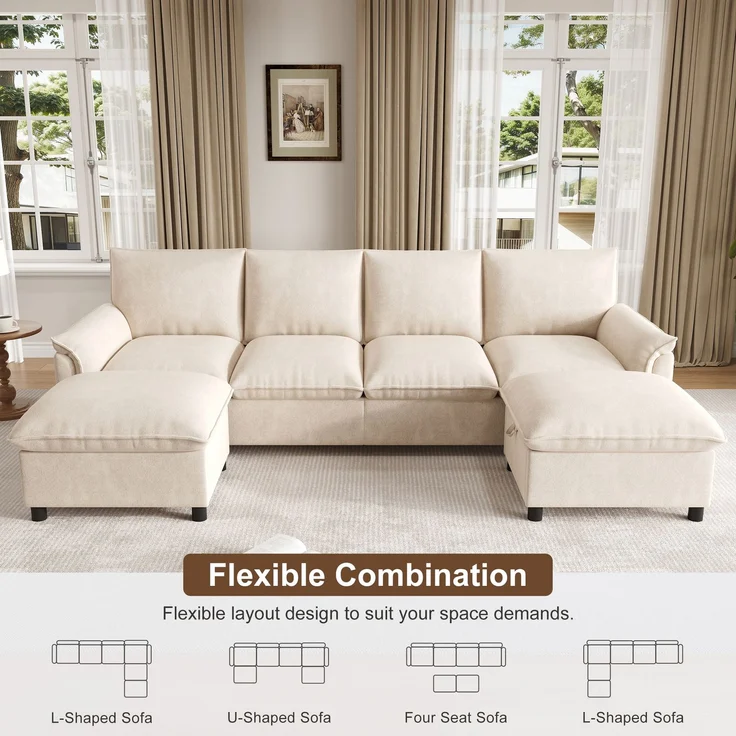 ZUBALIYA Modulare Wohnlandschaft, mit Stauraum, modular kombinierbar, mit Hocker, H 84 × T 142.5 × B 264.5 cm, Beige, Chenille – Bild 25