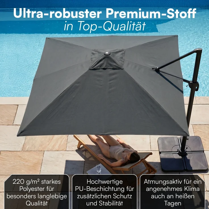 STEELSØN 'Elaris' Premium Sonnenschirm 300x300 cm quadratisch, neigbar und 360-Grad drehbar, anthrazit, Ampelschirm inkl. Hülle, extrem robuste Metall-Stange, 220 g/m² Polyester, UV50+ – Bild 4