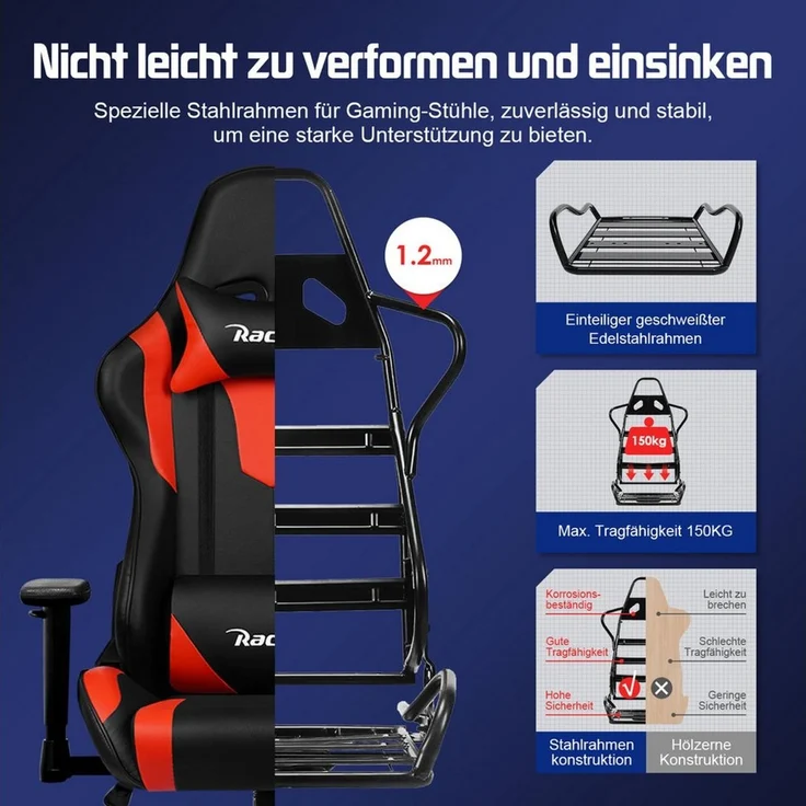 Adormii Gaming-Stuhl Gaming Stuhl ergonomisch Gaming Chair Bürostuhl verstellbare (Gaming Stuhl mit verstellbaren Lendenkissen, Armlehne und Kopfstütze, Gamer Stuhl Bequeme Sitzkissen), gepolsterter Gaming-Stuhl, bis 150 kg Belastbarkeit, mit Wippfunktion – Bild 3