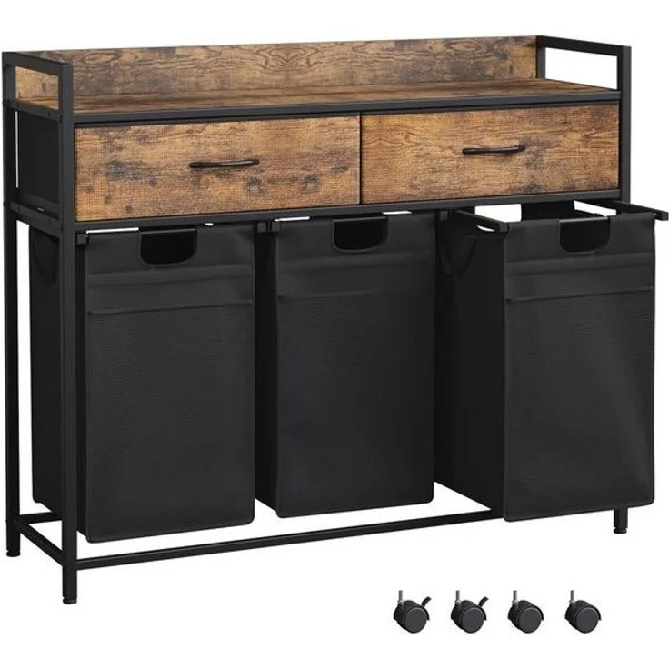 Mondeer Wäschekorb Metallgestell Wäschesammler (3 St, 3 x 50 L), mit 3 abgetrennten Säcken & 2 Schubladen, mit Rollen & Netztaschen – Bild 4