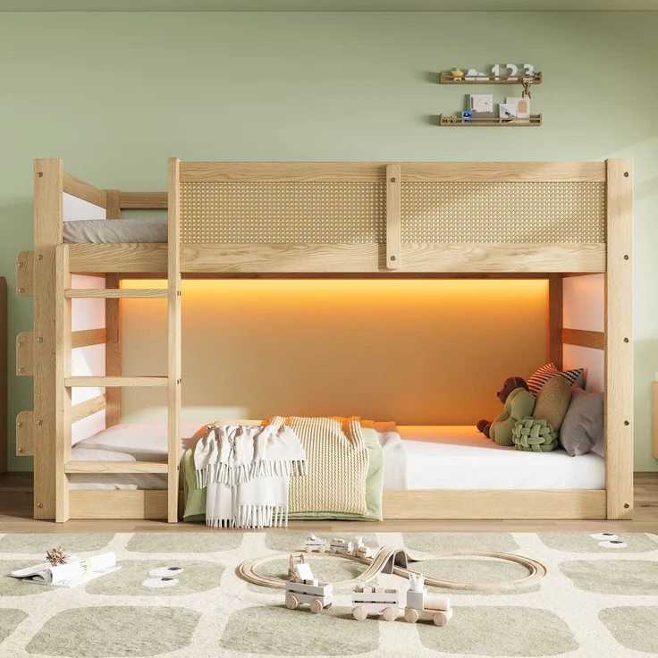 Hochbett mit RGB LED-Streifen, Regal, Rausfallschutz, Lattenrost und Trittleiter, 90x200 cm, Kinderbett, Kiefer – Bild 2