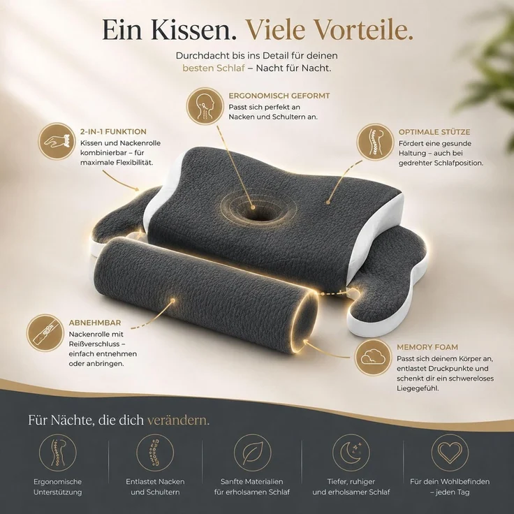 EXKLUSIV HEIMTEXTIL Ergonomisches Nackenstützkissen für Rücken, Seiten & Bauchschläfer - Memory Foam - hautfreundlicher Bambus Bezug - OEKO TEX® zertifiziert - 2in1 Funktion – Bild 4