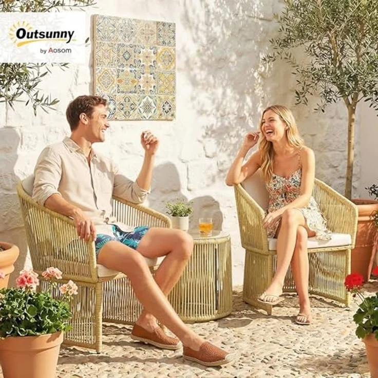 Outsunny Sitzgruppe Rattan-Bistro-Set, (Set, 3-tlg, 1 Tisch, 2 Sessel), Rattan-Bistro-Set mit Kissen – Bild 2