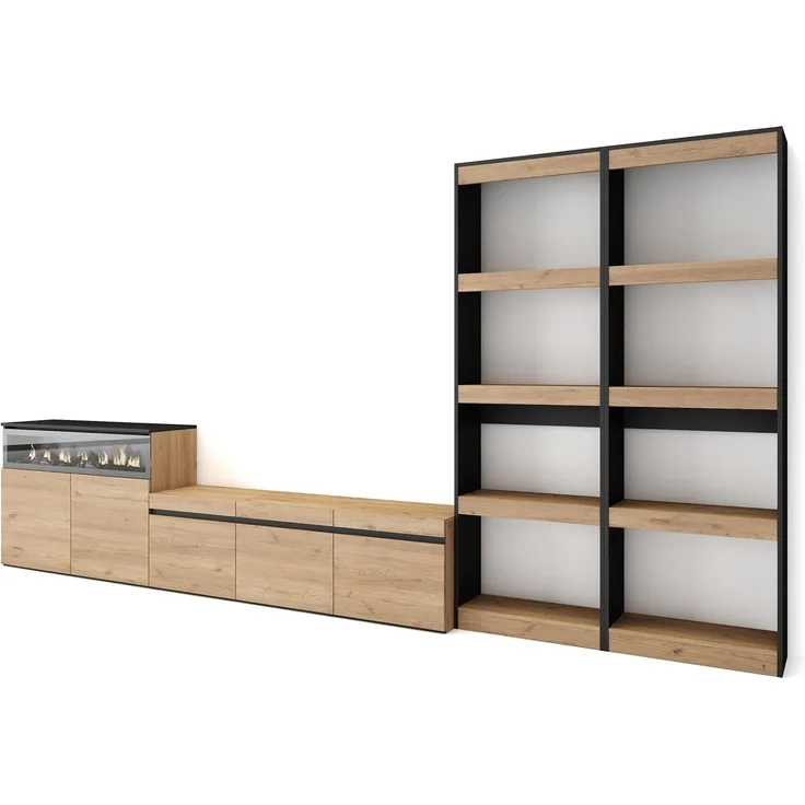 Skraut Home | Wohnwand Wohnzimmer | Wohnzimmermöbel, Möbelset | 370 x 186 x 35 cm | Für TV-Geräte bis zu 65" | Elektrokamin. | Moderner Stil | Eiche Schwarz