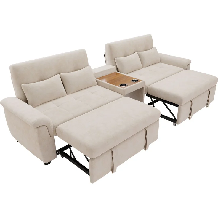 Merax U-förmiges Schlafsofa, ausziehbar, Doppel-Schlafauszug, verstellbare Rückenlehne, Haustierbereich, Couchtisch mit 2 Becherhaltern, 4 Kissen, Chenille, Beige, 284×138×89 cm – Bild 10