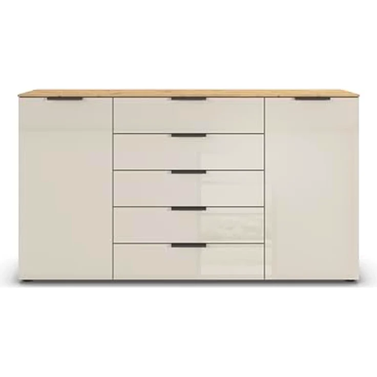 Rauch Möbel Flipp, Kommode für Schlafzimmer, Kinderzimmer, Wohnzimmer, Jugendzimmer, Flur, Garderobe, 2-türig, 5 Schubladen, mit Softclose-Funktion, Farbe Eiche Artisan, Holz/Glas Beige, Breite 180 cm – Bild 6