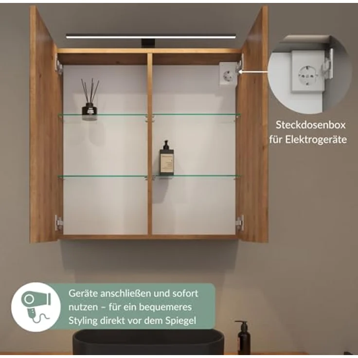 Planetmöbel ARIA Spiegelschrank Bad mit Beleuchtung 70 cm breit | Badschrank hängend mit Spiegel | Gold Eiche, mit Leuchte und Steckdose, Spiegelschrank Gäste WC 70 x 70 x 16 cm – Bild 8