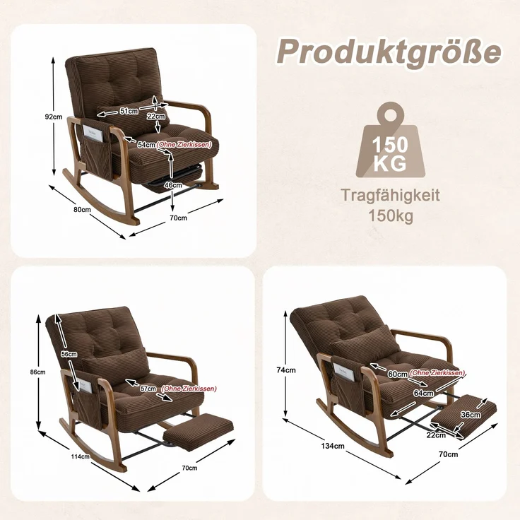 LVHOM Schaukelstuhl mit ausziehbarer Fußstütze, Relaxsessel mit verstellbare Rückenlehne, Loungesessel mit Seitentasche, bis 150 kg belastbar, Braun – Bild 6