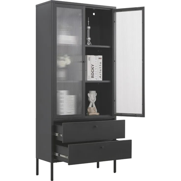 Mein-Regal Vitrine Paris aus Metall mit Schubladen und Glastüren Schwarz