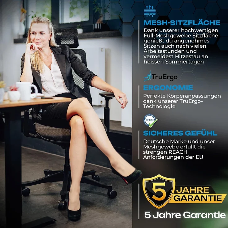 VALKENSTOL M5 MESH-SITZ Bürostuhl ergonomisch mit Mesh Sitz - 5 Jahre Garantie - 3D-Armlehnen - adaptive Lordosenstütze - verstellbare Sitztiefe – Bild 7