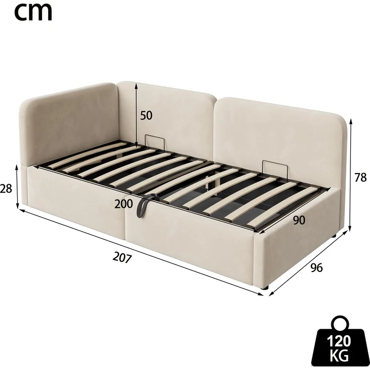 LVHOM Polsterbett 90x200 mit Stauraum, Samt Tagesbett mit Hydraulik, 2-in-1 Schlafsofa Bettgestell mit Lattenrost, Einzelbett, Beige – Bild 6