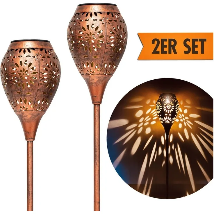 IC Gardenworld LED Solarleuchte 2 Stück LED Solarleuchten für außen aus Metall in Kupfer-Vintage Optik, LED fest integriert, ca. 75 cm hoch, Gartenfackel mit warm-weißer Beleuchtung