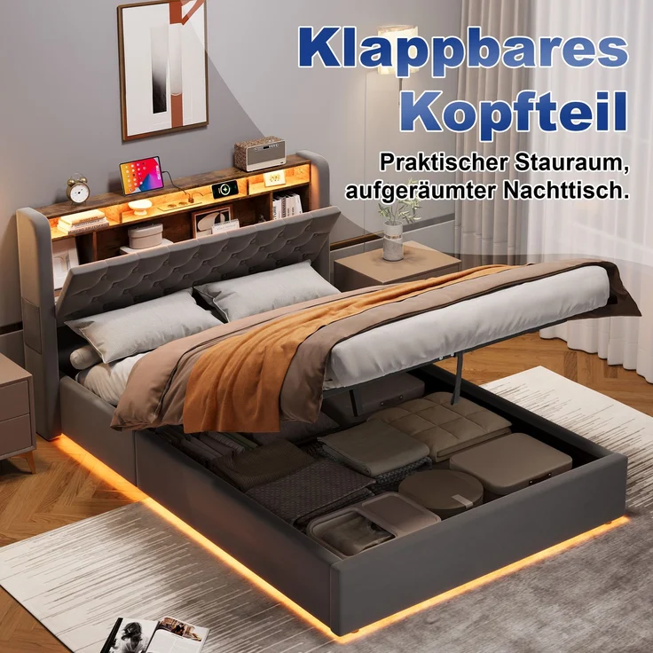 MODFU Polsterbett Mit Stauraum,LED-Beleuchtung und USB-Anschlüssen (Funktionsbett, 1-tlg, Stabiler Metallrahmen, inkl. Lattenrost, ohne Matratze), 140x200 cm, Hollandvelours, Kopfteil-Ablage – Bild 10