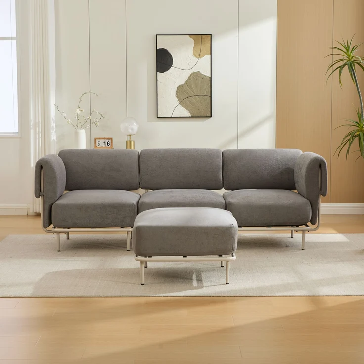 Sofa mit Hocker, 251 x 155 x 78 cm, Sitzfläche 215x63 cm, graues Chenille, modular stellbar – Bild 4