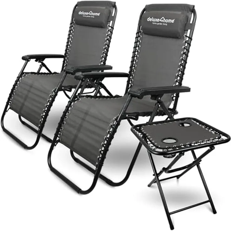 deluxe4home Gartenliege Liegestuhl Set mit Klapptisch I Gartenstuhl Klappbar I Liege Anthrazit, 3-teilig, Flexibles Gewebe